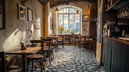 Naklejka premium Small cafe inside an ancient building with cobblestone floors and rustic charm..