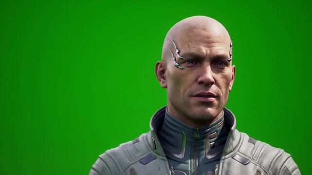 Bald Man Face with Cybernetic Implants Posing against a Green Background