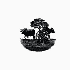 Fototapeta premium Traditional Oxen and Wooden Wheel Scene with Tree in Black and White – Perfect for Cultural, Farming, and Heritage-Inspired Designs