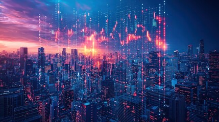 Futuristic cityscape overlaid with financial data at sunset.  Detailed city view with vibrant glowing indicators