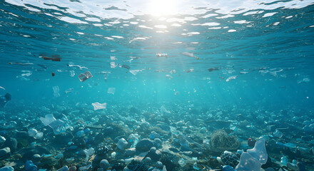 Fototapeta premium Ocean Plastic Pollution: A sobering underwater view reveals the devastating reality of plastic pollution in our oceans.
