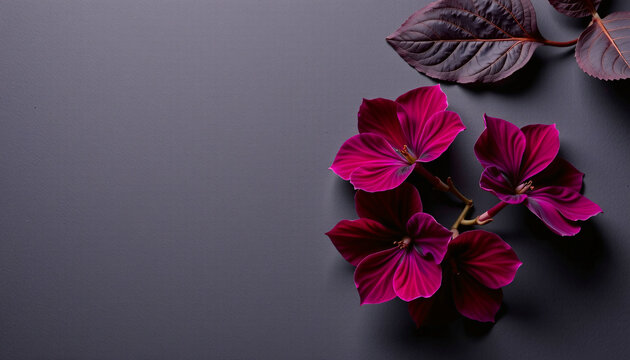 bold flat lay of gloxinia on a matte paper texture, with deep plum tones