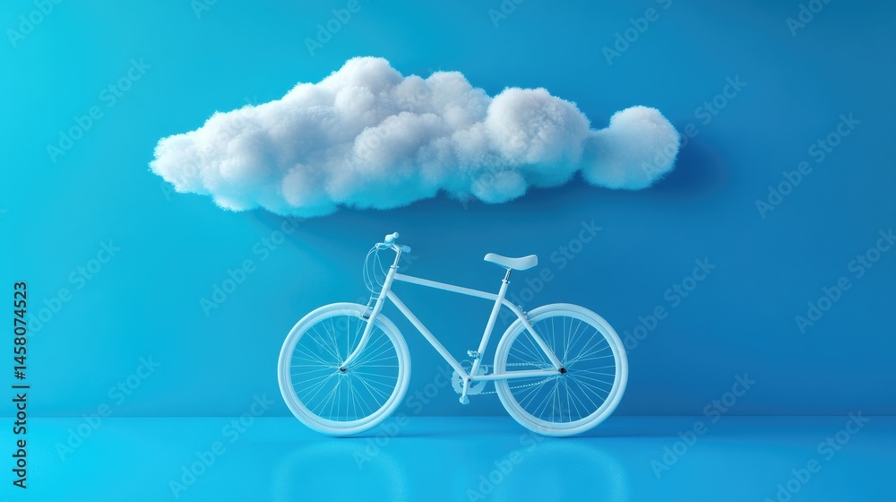 Poster clean design aesthetic: white bicycle with floating cloud on vibrant blue backdrop