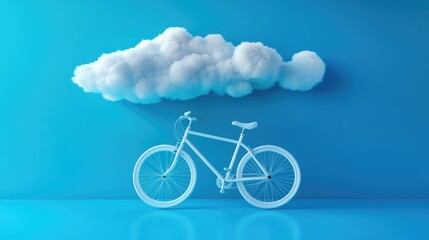 Clean design aesthetic: white bicycle with floating cloud on vibrant blue backdrop