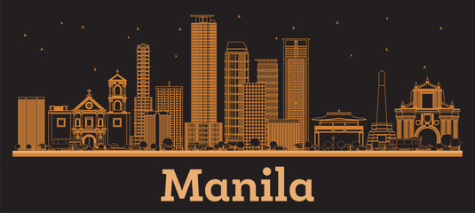 Outline Manila Philippines City Skyline with orange Buildings. Business Travel and Concept with Modern Architecture. Manila Cityscape with Landmarks.