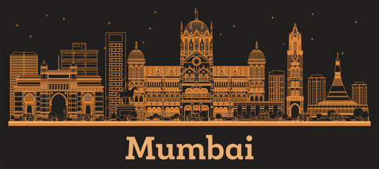Outline Mumbai India City Skyline with orange Buildings. Business Travel and Concept with Modern Architecture. Mumbai Cityscape with Landmarks.