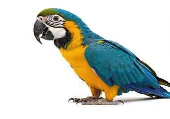 Fototapeta premium Vibrant Blue Gold Macaw Parrot Bird Exotic Wildlife Animal Pet Green Avian Wings Beaks White Image