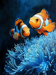 Two clownfish near a vibrant sea anemone.