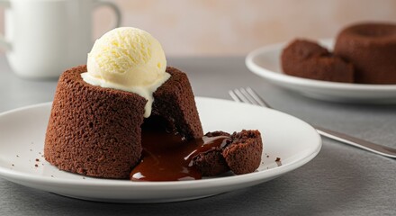 Decadent Chocolate Lava Cake with Melting Center and Ice Cream, Served on Elegant Plate in Stylish Setting, Perfect for Dessert Lovers and Food Photography