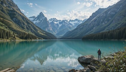 hiker standing by tranquil lake surrounded by mountains under blue sky
