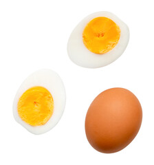 Top view set of raw chicken egg and cooked or boiled egg with egg yolk in two halves isolated on white background with clipping path