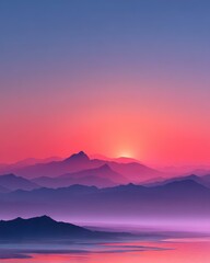 Obraz premium forecast intelligence evolution future subconcious surreal dream opinion A breathtaking sunset over the mountains, showcasing vibrant hues of pink and purple reflecting on the serene landscape.