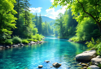 Obraz premium Lush mountain ranges and clear lakes form a scenic ecosystem filled with wellness and tranquility