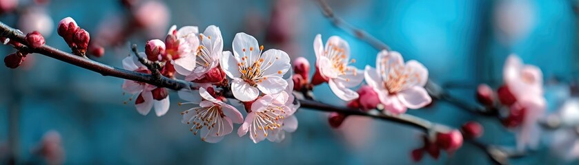 Blossoming apricot tree branches with spring background and sky concept. Beautiful cherry blossom branch with delicate pink flowers.