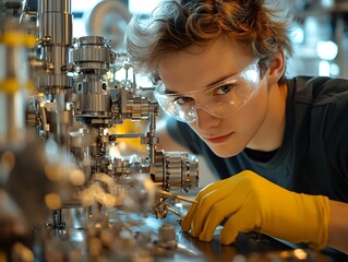 A focused young scientist meticulously adjusts complex laboratory equipment du a scientific experiment in a modern research facility.
