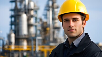 A young male engineer wea a yellow hard hat stands confidently before a large industrial refinery plant.