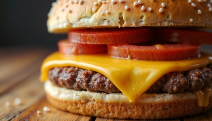 close-up of delicious cheeseburger with tomatoes on wooden table

