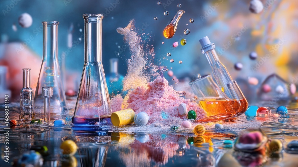 Aufkleber contemporary lab setting with colorful reflections and powdered contents