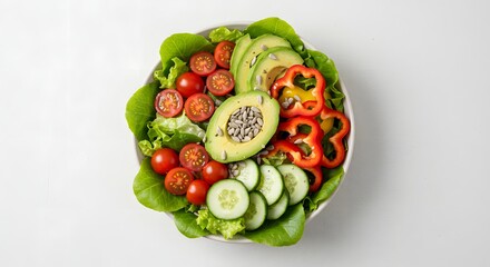 Overhead (flat-lay) view of a colorful salad with assorted fresh vegetables on a plain background (horizontal).
