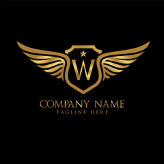 wing and shield letter W gold color, Victory logo, wing logo, vector logo template