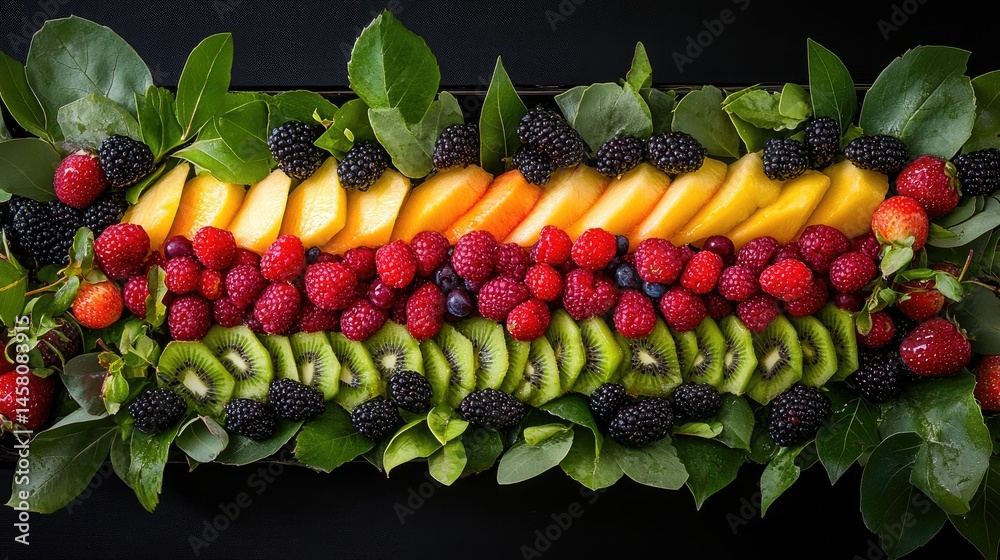 Poster elegant fruit display with colorful berries and kiwi slices framed by greenery