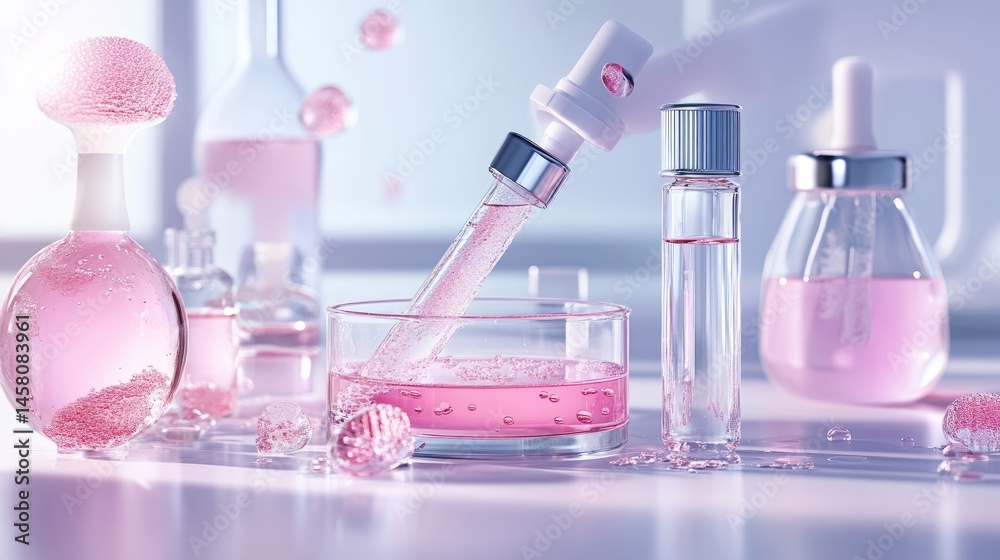 Poster Elegant lab setup with pink solution in clear dish on pale, seamless background