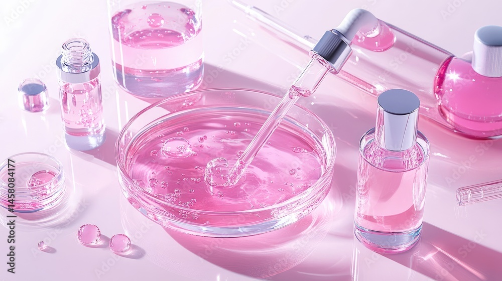Aufkleber elegant lab setup with pink solution in clear dish on pale, seamless background