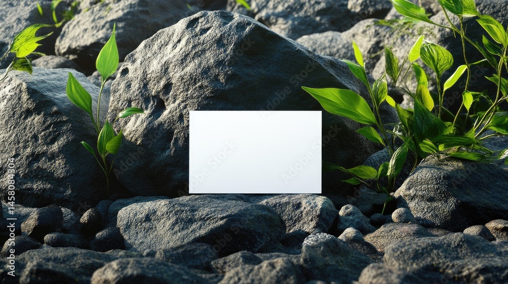 Poster elegant mockup with white card on textured rocks and subtle green branches