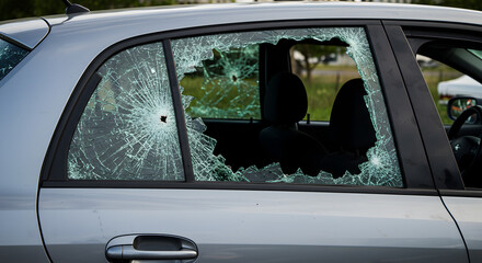 Shattered Rear Passenger Window on Silver Car Shows Damage from Vandalism Incident