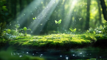Enchanted forest scene with floating moss islands and sunlight beams