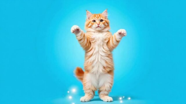 Playful orange cat dancing happily on a bright blue background