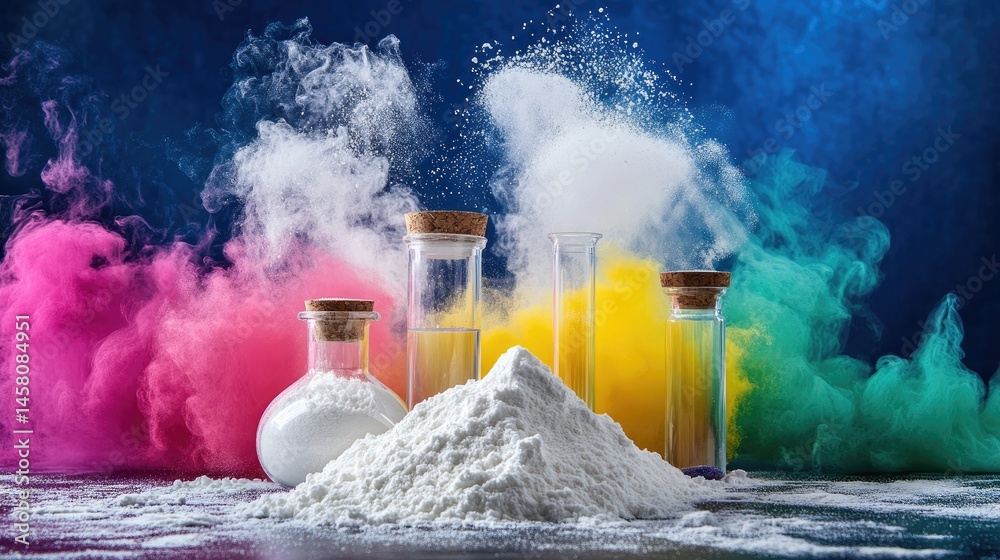 Poster experimental still life with white powder and colored background in lab theme