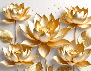 Golden lotus with Stucco Stems and Leaves An elegant 3D floral background