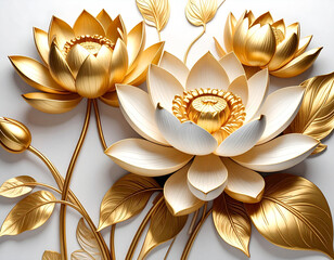 Golden lotus with Stucco Stems and Leaves An elegant 3D floral background