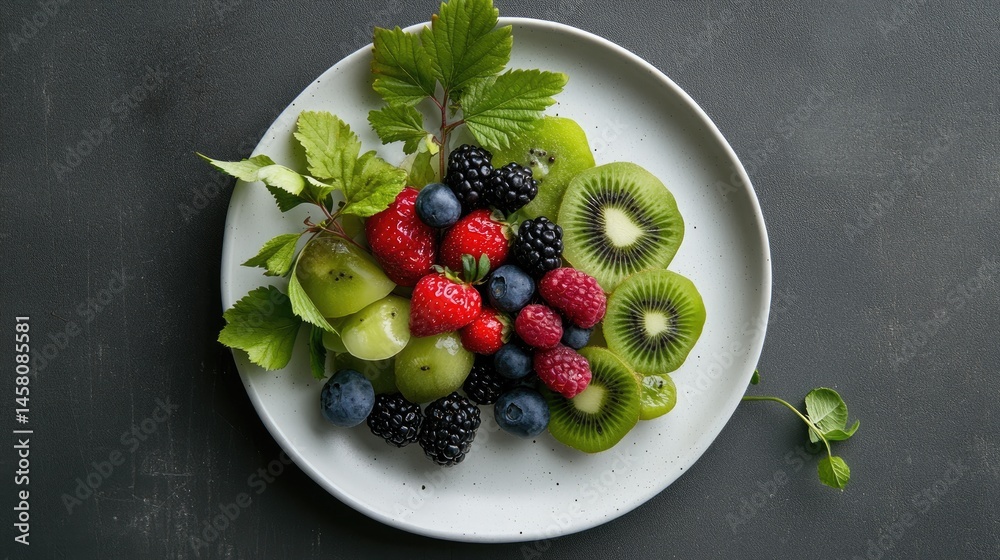 Poster Flat lay of assorted berries and kiwi arranged on plate with decorative leaves