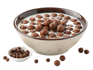 a bowl of rounded chocolate cereal balls with milk isolated on white background. PNG
