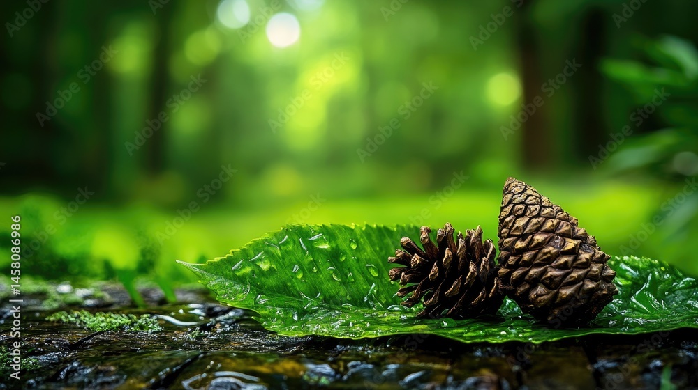 Poster forest ambiance with pine cone resting on damp green leaf, evoking freshness and tranquility