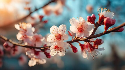 Fototapeta premium Blossoming apricot tree branches against sunlight and peaceful sky concept. Beautiful cherry blossoms illuminated by warm sunlight.