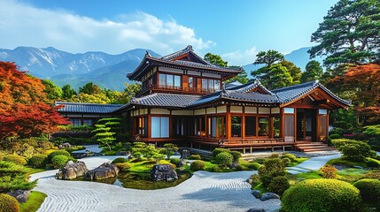 Obraz premium Traditional Japanese house with mountain backdrop high resolution picture