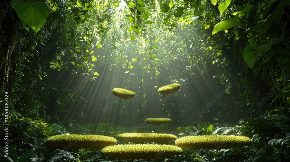 Poster forest canopy broken by floating moss pads, glowing with natural light