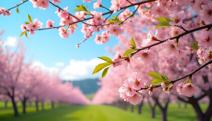 Obraz premium Cherry Blossom Orchard: Landscape of cherry blossom tree with bright colors and green leaves against blue sky. 