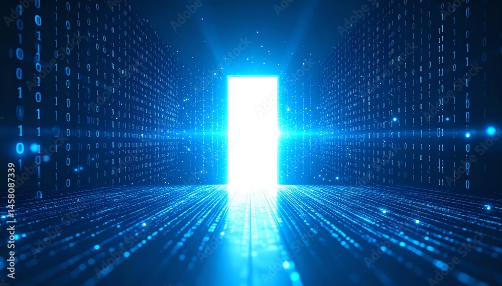 Poster a glowing digital doorway opens in a corridor of binary code, symbolizing access to the digital worl