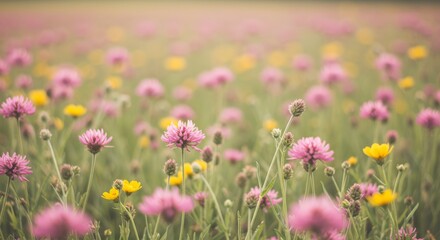 Obraz premium A beautiful field of pink and purple flowers, a colorful floral meadow in full summer bloom
