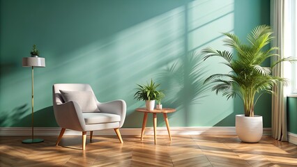 Cozy Modern Living Room with Stylish Armchair, Green Plants, and Warm Sunlight Streaming Through Large Windows.