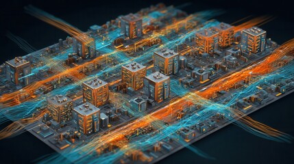 Obraz premium Futuristic digital cityscape with vibrant neon energy streams