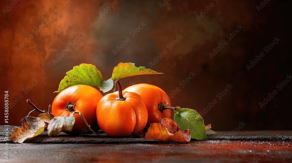 Poster freshly picked persimmons resting on earthy textures with leaf detail for rustic charm