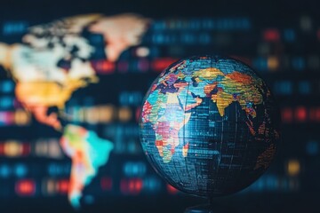 Dynamic globe revealing geographical data over a world map in a vibrant digital format, globe over world map and data processing on black background