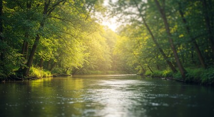 Fototapeta premium A beautiful morning mist hangs over the green forest landscape where sunlight filters through the trees