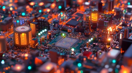 Obraz premium A cityscape constructed from electronic components.