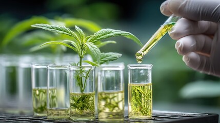 chemical testing into herbal plant samples by dripping, biotechnology research concept. natural extracts. high quality